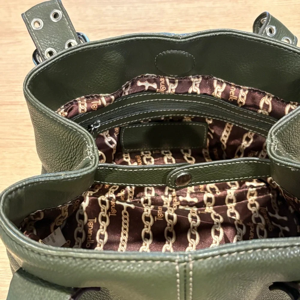 Tignanello Olive Green Pebbled‎ Leather Satchel Buckle Handbag Silver Hardware